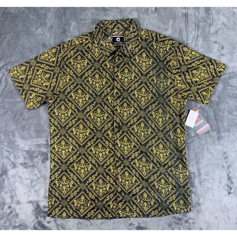 Akademiks Shirt Black Gold Abstract Short Sleeve Button Up Men's 2XL